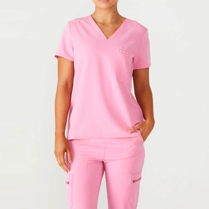Women <b>Pink</b> Scrub Set V-Neck Top Jogger Pants Hospital Uniform Cotton Polyester Woven Scrubs - Product Image 6