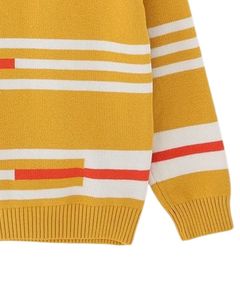Kids Knitted Crew Neck Sweater Mustard Yellow Red White Stripe Design Winter Warm Soft Cotton Blend Pullover - Product Image 4