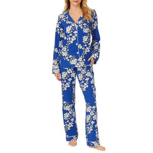 Women's Floral Print Breathable Jersey Pajama Set with Elastic Waist Long Sleeves for Spring Summer in Polyester/Cotton - Product Image 1