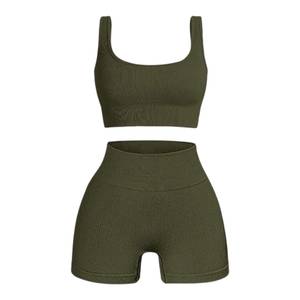 Ensemble de vêtements de sport pour femmes, 2 pièces, côtelé, haut court sans manches, short taille haute, respirant, antistatique, coupe ajustée, toutes saisons - Product Image 5