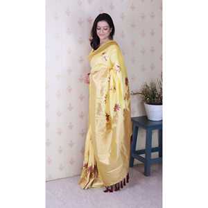 Sari de Seda Suave Amarillo Claro Elite Weaves con Tejido Kamdhenu y Zari, Sari de Fiesta Tejido, 650g - Product Image 2