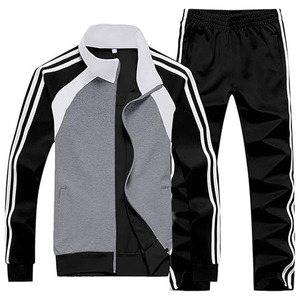 Veste zippée intégrale et pantalon de survêtement assorti blanc à deux bandes, ensemble de survêtement homme 2 pièces bicolore - Product Image 1