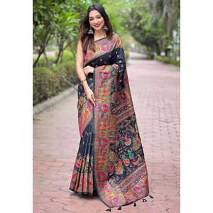 Sari de Seda Cachemir Pashmina Negro Jade de Elite Weaves con Zari Tejido, Ropa India y Pakistaní, 700g - Product Image 5