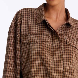 Women Autumn Fashion Long Sleeve Brown <b>Plaid</b> Print Casual Turn Down Collar Elastic Hem Cropped Button Up <b>Shirt</b> Top - Product Image 1