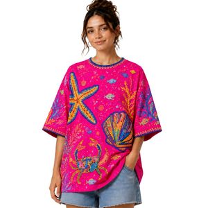 Camiseta Gráfica Oversize Rosa Fucsia para Mujer, Estampado Oceánico Colorido, Algodón Casual, Estilo Urbano, Ajuste Holgado de Verano, Personalizable OEM ODM al por Mayor - Product Image 1