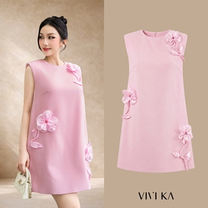 Vestido Mini sin Mangas para Mujer, Corte en A, Apliques Florales Rosas, Estilo Casual para Fiesta, Cuello Redondo, Simple y Minimalista, BLOOM - Product Image 1