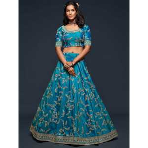 Agréable fil bleu sarcelle broderie Art soie mariage Lehenga Choli - Product Image 5