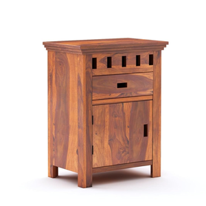 Mesa Auxiliar de Madera de Teca Tallada a Mano, Diseño Artístico Inteligente, para Dormitorio, con 1 Cajón y Almacenamiento en Gabinete - Product Image 1