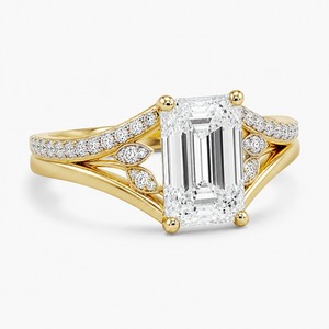 Anillo de banda dividida con hoja de diamante esmeralda, oro amarillo de 18K, pavé botánico, diamantes cultivados en laboratorio, de lujo, moderno, para mujer, anillo de boda - Product Image 6