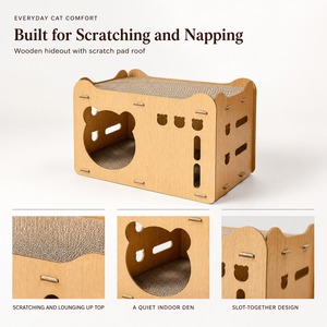 บ้านแมวไม้แบบประกอบเองพร้อมที่นอนแมวในร่มและแผ่นข่วนกระดาษลูกฟูกด้านบน - Product Image 5