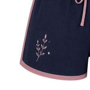 Pink And Navy Women Two Piece Shorts Set Square Neck Button <b>Top</b> Contrast Trim Embroidery Casual Summer Cotton Lounge Wear Outfit - Product Image 5