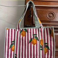 Tas Tote Katun Berlapis Motif Lemon Bergaris dengan Ritsleting, Tas Selempang untuk Perjalanan dan Belanja