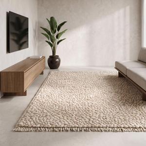 Alfombra Exclusiva Tejida a Mano de Lana Crema Beige, Texturizada con Bucle, Pelo Medio, Moderna, para Sala de Estar, Dormitorio, Entrada, Decoración - Product Image 4