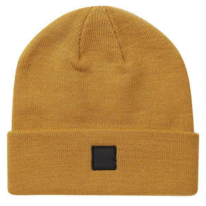 Bonnet en tricot côtelé jaune moutarde avec patch carré noir, chapeau d'hiver décontracté - Product Image 2