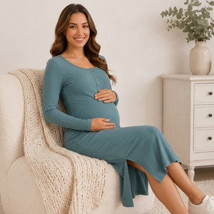 Vestido de Maternidad Acanalado de Manga Larga con Botones Delanteros, Largo hasta la Rodilla, Color Sólido, Tipo Camisón para Mujer - Product Image 4