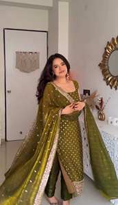 Traje Moderno de Fiesta con Top, Pantalón y Dupatta, en Seda Fandy con Bordado de Lentejuelas, de Secado Rápido para Todas las Temporadas - Product Image 5