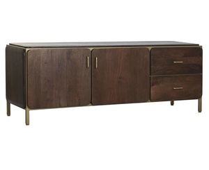 Meuble TV Vintage de forme ronde avec finition dorée et brune, cadre métallique avec 2 portes et 2 tiroirs en bois de mangue massif - Product Image 1