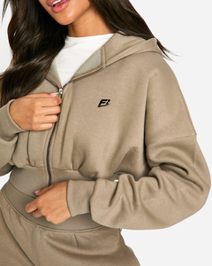 <b>Women</b> <b>Beige</b> Cropped Zip Up Hoodie <b>Jogger</b> Set Casual Two Piece Streetwear Sweatshirt Co Ord Set Wholesale Manufacturer OEM ODM - Product Image 5