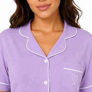 Conjunto de Pijama para Mujer, Manga Larga, Estampado, con Bordado de Corazón, Botones al Frente, Popelina, Dos Piezas, Ropa de Dormir Informal de Verano - Product Image 5