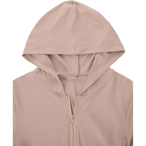Top Corto con Capucha de Punto Acanalado Beige para Mujer, de Alta Calidad, ODM OEM, Manga Larga, Cierre Frontal con Cremallera, Color Sólido, para Otoño - Product Image 6
