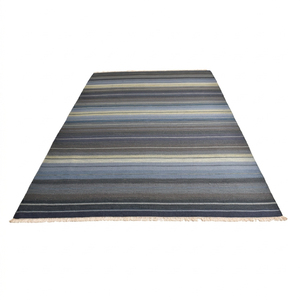 Custom Handwoven Navy Blue <b>Grey</b> Striped Flatweave Area <b>Rug</b> with Fringe for Hotel Villa Living Room - Product Image 1