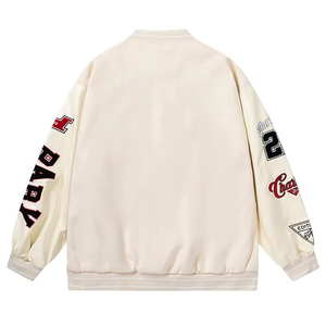<b>Men's</b> <b>Cream</b> Varsity <b>Jacket</b> Regular Fit Turn-down Collar Embroidered Patch Design Streetwear Style Autumn Wear - Product Image 2