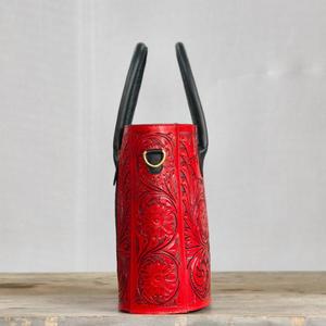 Vintage Red Genuine Leather <b>Shoulder</b> Bag With Floral Embossing Two Handles Crossbody <b>Strap</b> All Seasons Daily Use - Product Image 4