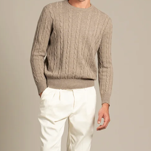 <b>Men's</b> Beige Cable Knit Pullover <b>Sweater</b> Full Sleeve Solid Color Autumn Knitted Crewneck <b>Sweater</b> - Product Image 2