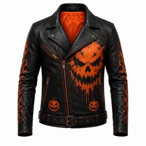 Men's PU <b>Leather</b> Slim Motorcycle <b>Jacket</b> Halloween Pumpkin Skull Print Front <b>Long</b> Sleeve Dripping Printed Polyester Wadding - Product Image 1