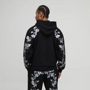 Sweat à capuche noir uni avec fermeture éclair, motif floral, poches kangourou, coupe oversize, style streetwear décontracté, unisexe, chaud, 100% coton, polaire d'hiver, tendance - Product Image 2