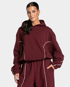 Custom Women’s Burgundy Oversized Contrast Piping Hoodie Casual Pullover Fleece Hooded Soft & Breathable 100% Cotton Sweatshirt - Product Image 1