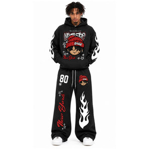 Survêtement noir de fabricant en gros, imprimé dessin animé motif flamme, manches longues, pantalon à cordon, 100% coton, streetwear, collection automne - Product Image 2