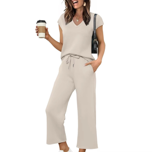 Women's Beige V-Neck Short Sleeve Loose Fit Tracksuit Full Length <b>Pants</b> Side Pockets Drawstring Waist Casual Summer Wear - Product Image 4