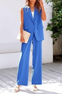 Women's Sleeveless <b>Blazer</b> <b>Set</b> Loose Fit Wide Leg Pants Two Piece Suit Casual Spring Summer Solid Color Woven Fabric - Product Image 4