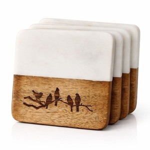 Juego de Posavasos de Madera y Mármol de Diseño Clásico Ecológico de Lujo, Base de Madera Maciza y Piedra Natural, para Uso en el Hogar y la Cocina, 4 Piezas - Product Image 1