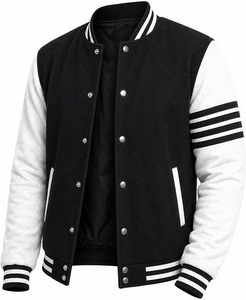 Men's <b>Black</b> White Varsity <b>Jacket</b> Regular Fit Turn-down Collar Button Closure Solid Color Casual Autumn Wear <b>Fleece</b> Material - Product Image 1