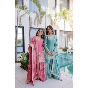 Fournisseur mondial vendant des vêtements indiens, des tenues de mariage et de fête, une collection traditionnelle de costumes Sharara en tissu Fendy Crush. - Product Image 1