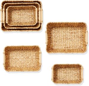 Water Hyacinth Oval <b>Storage</b> <b>Baskets</b> with Wooden Handles Handwoven Nesting Organizer Bins for Home Closet - Product Image 5