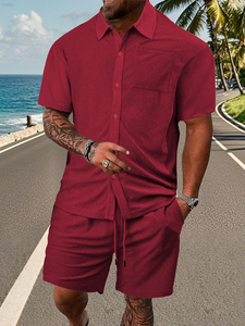 Ensemble chemise et short pour homme, gris clair uni, manches courtes, tenue décontractée d'été, coton tricoté respirant, ensemble deux pièces - Product Image 4