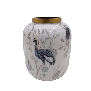 Hot Selling <b>Table</b> Top Decoration Iron Flower Vase Bird Sticker Enamil and Gold Colour Standard Size Flower Pot for Home Decor - Product Image 1