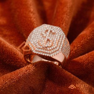 Men's Rose Gold Iced Out Dollar Sign Ring - High Polish Finish <b>Pink</b> Gold Finish Lab-Diamond Money Sign Signet Ring - Product Image 2