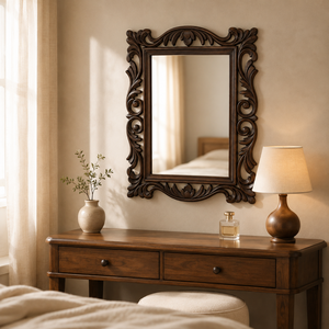 Miroir mural carré moderne en bois de manguier finition noyer foncé, fait main, orné de motifs floraux sculptés, fabriqué en Inde, décoration - Product Image 3