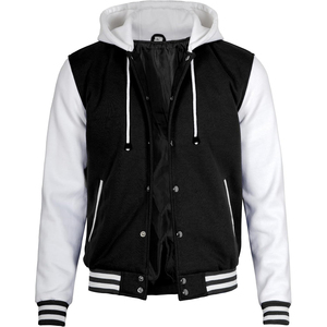 <b>Men's</b> Black <b>White</b> Varsity <b>Jacket</b> Hooded Button Closure Fleece Lining Casual Autumn Wear Regular Fit - Product Image 1
