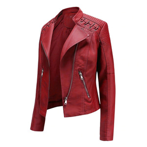 Blouson bomber en cuir beige pour femme avec col montant et fermeture éclair, manches longues, manteau d'hiver tendance, coupe-vent et épais - Product Image 5