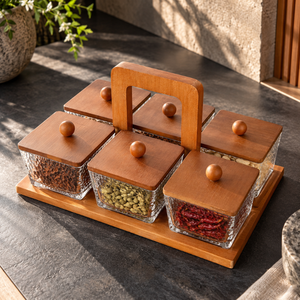 Frascos Cuadrados de Vidrio con Tapas de Madera y Soporte de Transporte para Frutos Secos, Nueces, Bocadillos, Almacenamiento en la Cocina o Despensa |   Organizadores Modernos - Product Image 3