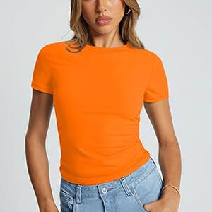 Camiseta de manga corta con cuello redondo y forro para mujer, camiseta básica de punto elástico con cuello redondo y manga corta para mujer - Product Image 5