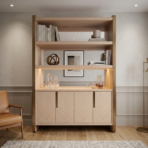 Librería Moderna de Madera Maciza Natural con Puertas Chevron, Estantes Abiertos y Vitrina para Sala de Estar u Oficina en Casa - Product Image 5