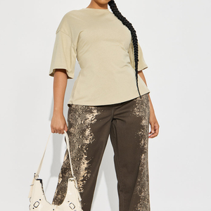 T-shirt côtelé marron uni pour femme, coupe droite, décontracté, avec fermeture éclair au dos, manches courtes, ourlet incurvé, style hip-hop, idéal pour la gym - Product Image 4