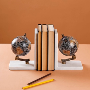 Traditional Marble Bookends with Globe Design 2Pcs Stone Book Holder Decorative World <b>Map</b> Pattern Round Shape Metal Handicraft - Product Image 2
