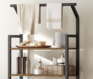 Modern Industrial Wood Metal Three-Layer Bathroom Storage <b>Rack</b> with Hanging Rod 6 Hooks Foldable Waterproof Space Saving <b>Shelf</b> - Product Image 4